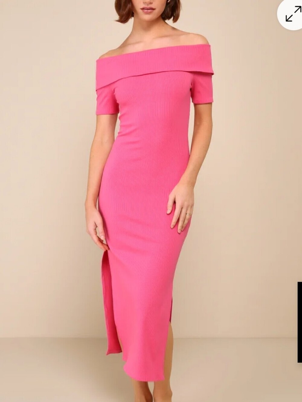 Lulu's Of-Shoulder Hot Pink Ribbed Midi Dress Size L